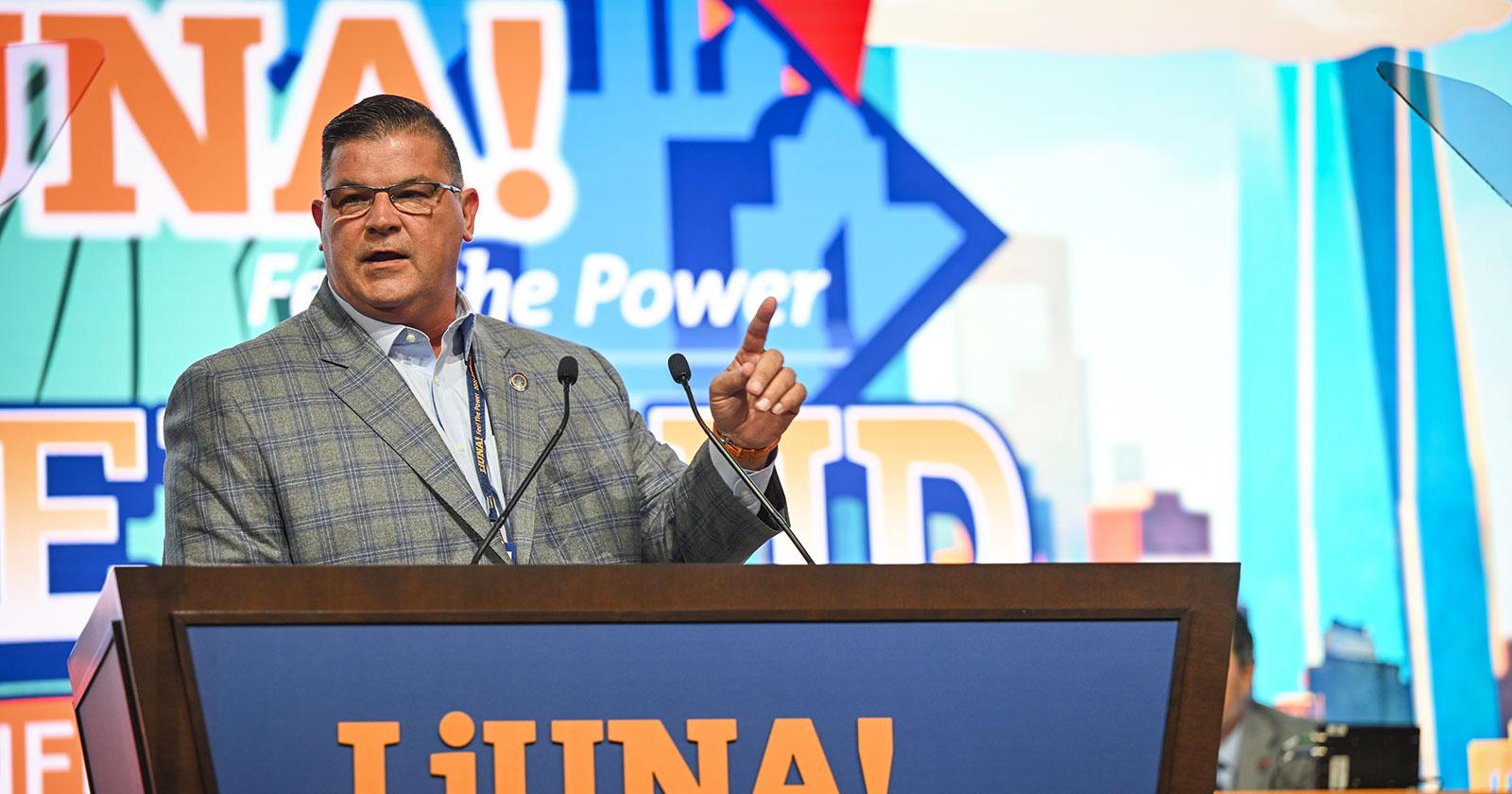 NJ Laborers News: Mike Hellstrom at a podium